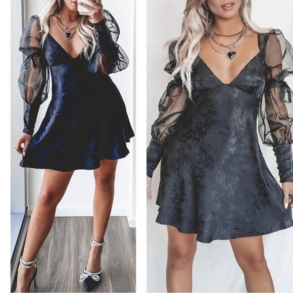 For Love & Lemons Gabrielle Puff Sleeve Floral Jacquard Black Mini Dress Size XS - Picture 1 of 10